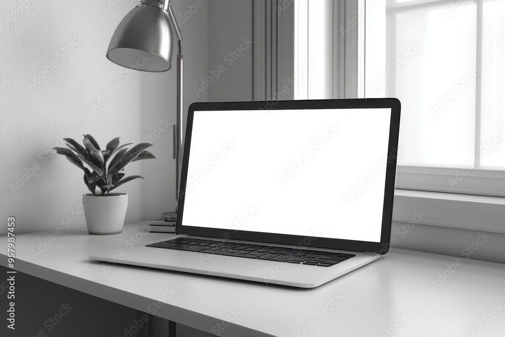 Laptop pc mock up template design on office workplace desk Laptop pc mock up template design on office workplace desk