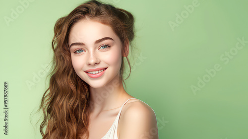 Portrait of a smiling cheerful teenage girl with perfect skin, light green background, banner.