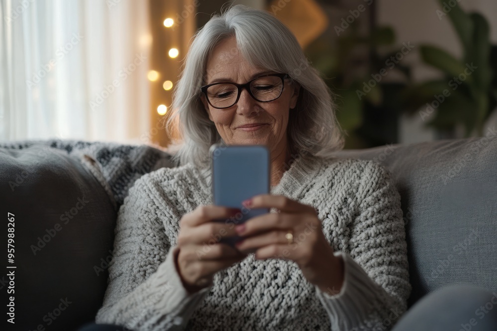 Relaxed mature old 60s woman, older middle aged female customer holding smartphone using Relaxed mature old 60s woman, older middle aged female customer holding smartphone using