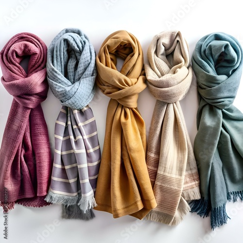 Five colorful scarves. each tied in a different knot. display a variety of textures and styles.