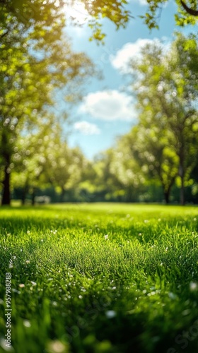 A lush green field with trees in the background