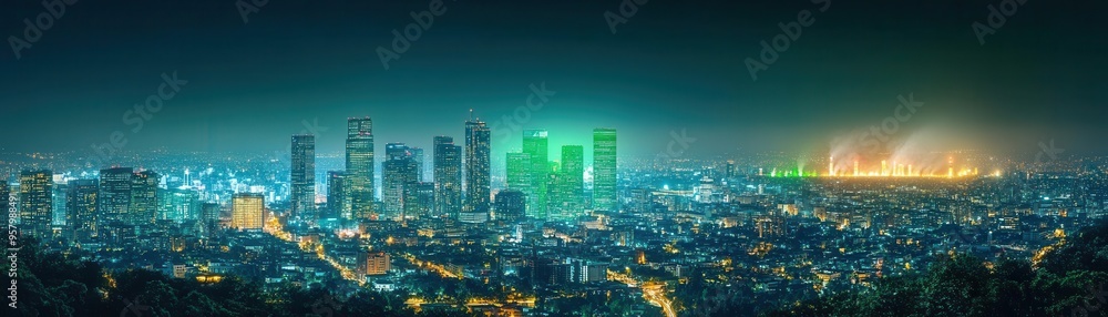 A city skyline illuminated by green lights, with carbon emissions fading in the distance, symbolizing the transition to clean energy A city skyline illuminated by green lights, with carbon emissions fading in the distance, symbolizing the transition to clean energy