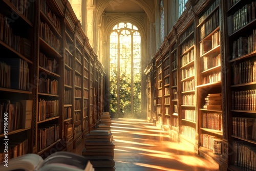 Wallpaper Mural Rows of bookshelves in a library, with warm sunlight streaming through large windows. Torontodigital.ca