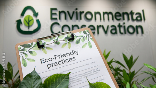 Eco-friendly practices document with greenery in foreground, promoting environmental conservation and sustainable actions. photo