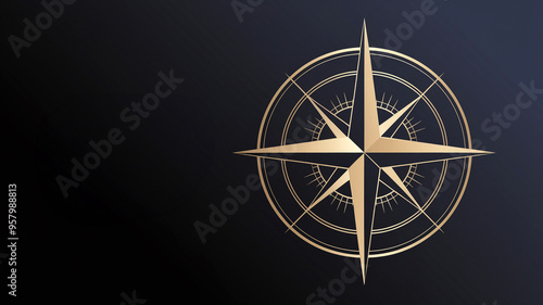 Elegant gold compass rose on a dark background symbolizing navigation, direction, and exploration. Perfect for travel and adventure themes.