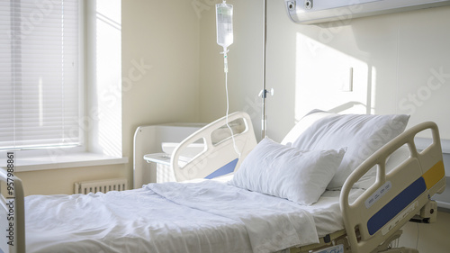 Empty hospital bed in a bright and clean healthcare facility room, with an IV drip stand next to it.