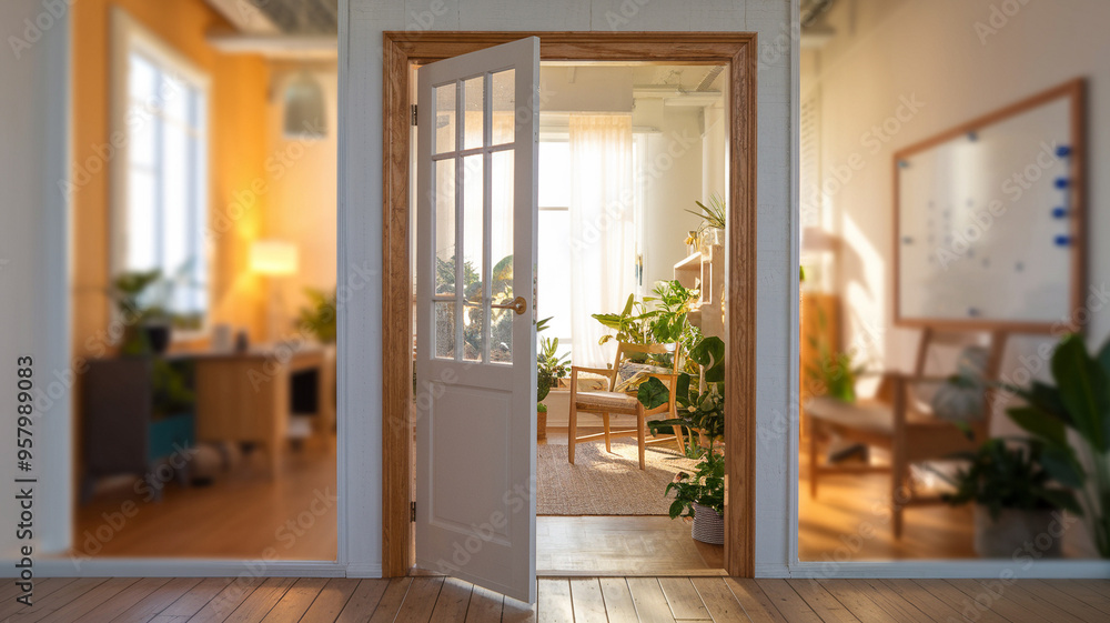 Fototapeta premium Open door leading to a sunlit modern office with plants and warm decor, creating an inviting and refreshing workspace.