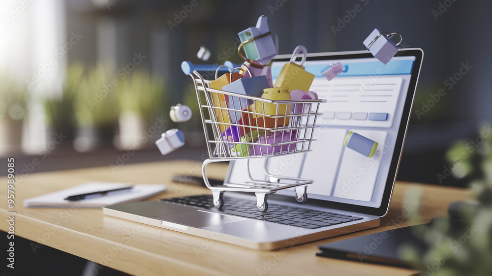 Online shopping concept with a digital cart full of colorful packages hovering over a laptop on a desk. Online shopping concept with a digital cart full of colorful packages hovering over a laptop on a desk.