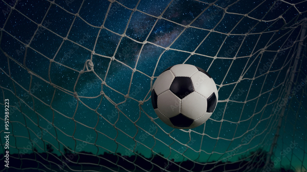 Naklejka premium Soccer ball hitting the net at night under a starry sky, symbolizing goal achievement and triumph in sports.