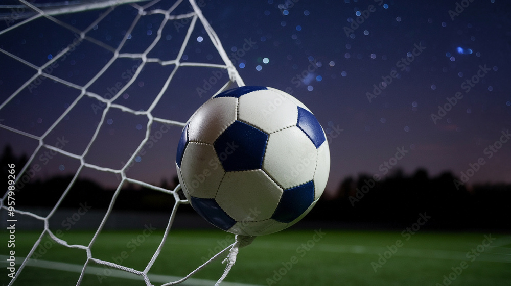 Fototapeta premium Soccer ball hitting the net under starry night sky on a grassy field, representing victory and sportsmanship.