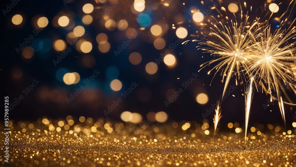 Obraz premium Abstract gold glitter background with fireworks. christmas eve, new year