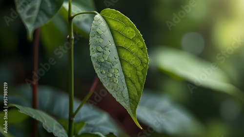Garden closeup with a green leaf and blurred green background Copy space image for a natural green wallpaper concept