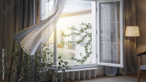 Sunlit, serene room with open window, flowing curtains, potted plants, and soft natural light creating a relaxing and peaceful atmosphere.