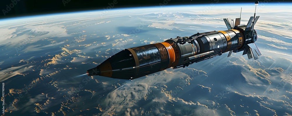 Obraz premium A futuristic spacecraft or satellite orbiting Earth, showcasing advanced technology, space exploration, and the vast universe backdrop.