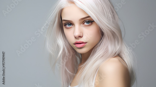 Portrait of a serious aggressive blonde teenage girl with white long hair with perfect skin, silver background, banner.