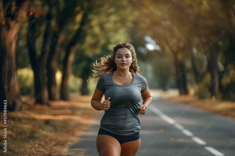 beautiful plus size woman runs outdoors in the park on a jogging track. Fitness goals for obesity beautiful plus size woman runs outdoors in the park on a jogging track. Fitness goals for obesity