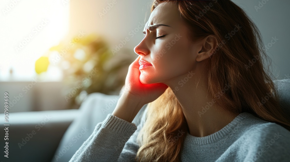 Woman suffering from a toothache, holding her jaw in pain, sitting on a couch at home. Woman suffering from a toothache, holding her jaw in pain, sitting on a couch at home.