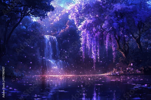 Enchanting fantasy landscape with glowing waterfalls, blooming purple wisteria trees, and magical fireflies