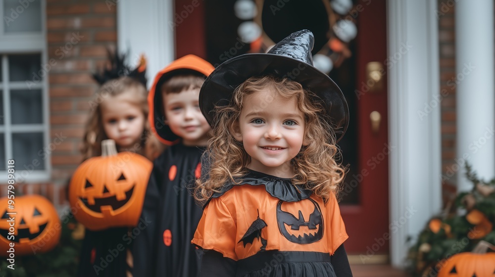 group of child in Halloween clothes, in the background the door of the house is decorated for Halloween group of child in Halloween clothes, in the background the door of the house is decorated for Halloween