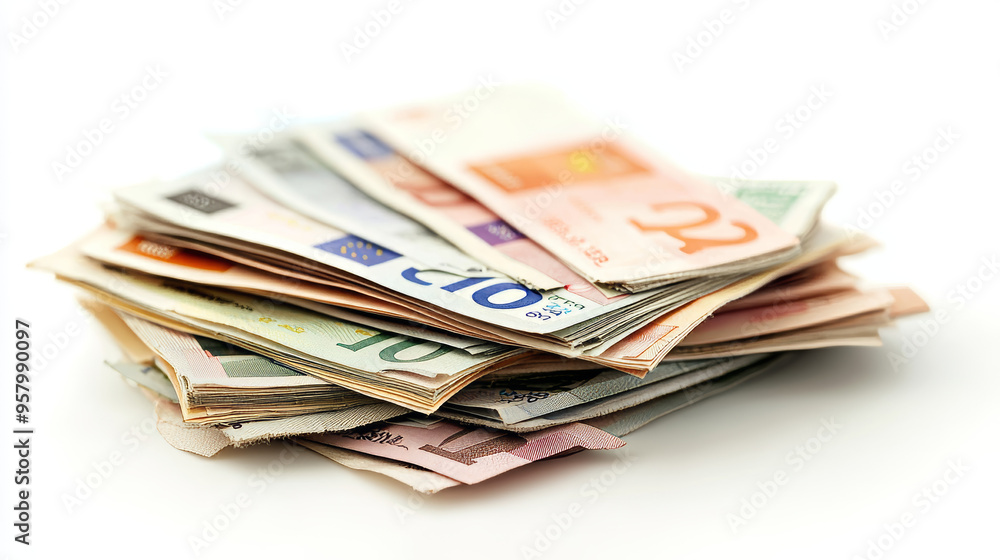 Euro currency banknotes. Big stack of money. Simple, flat style. Graphic vector illustration. European paper money backdrop with 100, 200, and 500 euros bills. Isometric view on a white background Euro currency banknotes. Big stack of money. Simple, flat style. Graphic vector illustration. European paper money backdrop with 100, 200, and 500 euros bills. Isometric view on a white background