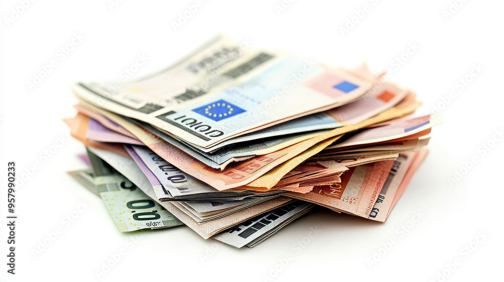 Euro currency banknotes. Big stack of money. Simple, flat style. Graphic vector illustration. European paper money backdrop with 100, 200, and 500 euros bills. Isometric view on a white background Euro currency banknotes. Big stack of money. Simple, flat style. Graphic vector illustration. European paper money backdrop with 100, 200, and 500 euros bills. Isometric view on a white background