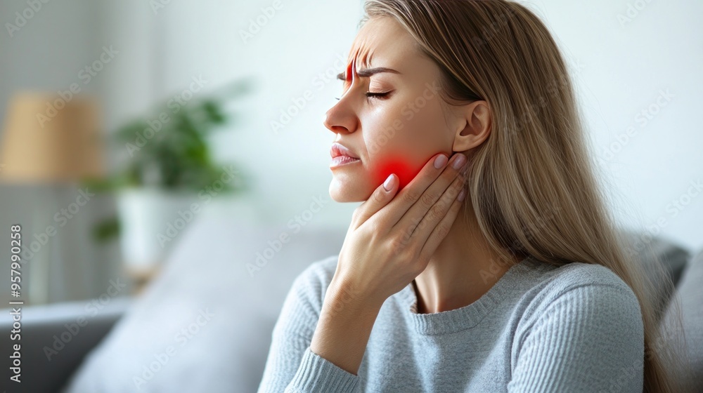 A young woman with blonde hair is experiencing pain in her jaw and holding her cheek with her hand. The area around her jaw is highlighted in red. A young woman with blonde hair is experiencing pain in her jaw and holding her cheek with her hand. The area around her jaw is highlighted in red.