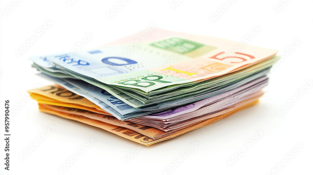 Euro currency banknotes. Big stack of money. Simple, flat style. Graphic vector illustration. European paper money backdrop with 100, 200, and 500 euros bills. Isometric view on a white background Euro currency banknotes. Big stack of money. Simple, flat style. Graphic vector illustration. European paper money backdrop with 100, 200, and 500 euros bills. Isometric view on a white background
