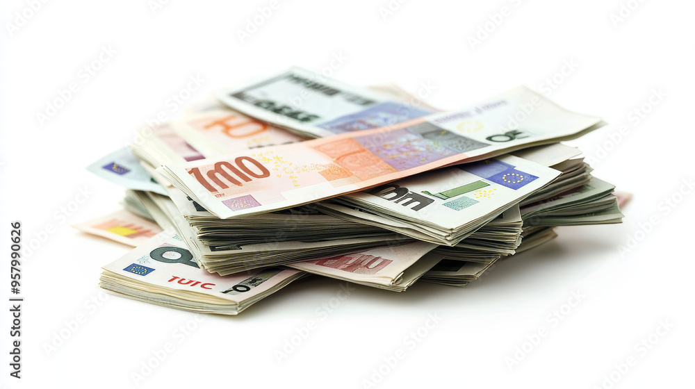 Euro currency banknotes. Big stack of money. Simple, flat style. Graphic vector illustration. European paper money backdrop with 100, 200, and 500 euros bills. Isometric view on a white background Euro currency banknotes. Big stack of money. Simple, flat style. Graphic vector illustration. European paper money backdrop with 100, 200, and 500 euros bills. Isometric view on a white background