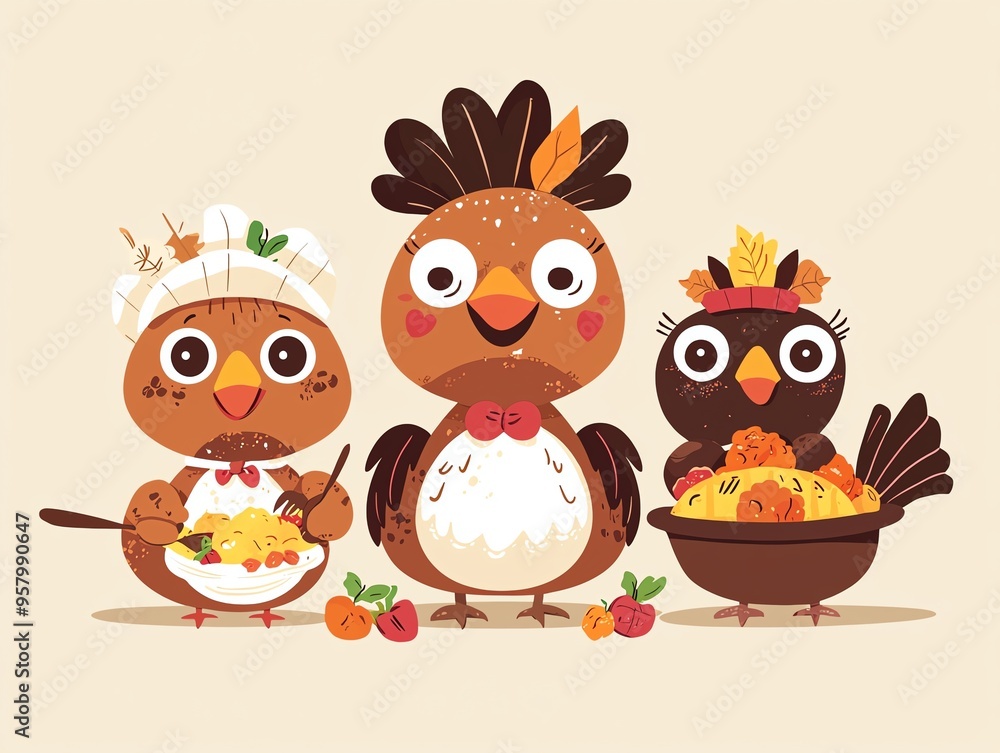 Fototapeta premium Cute cartoon Thanksgiving turkeys family eating dinner.
