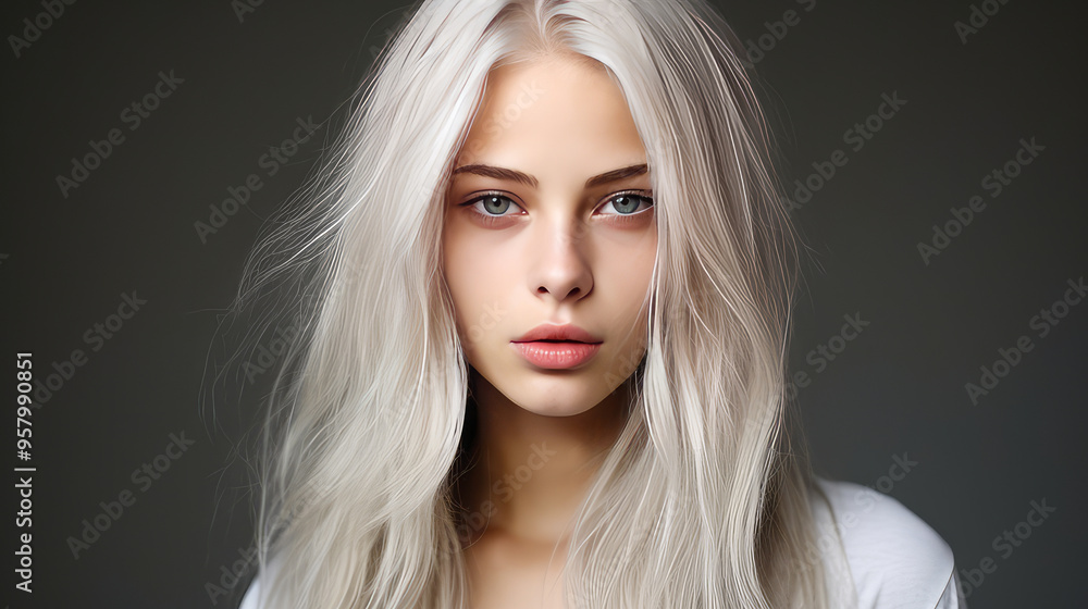 Portrait of a serious aggressive blonde teenage girl with white long hair with perfect skin, gray background, banner. Portrait of a serious aggressive blonde teenage girl with white long hair with perfect skin, gray background, banner.