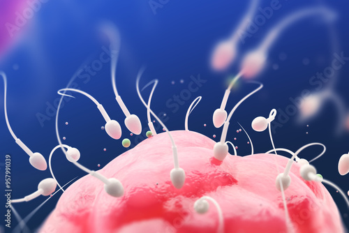 Photos Sperm fertilizing an egg. 3d rendering