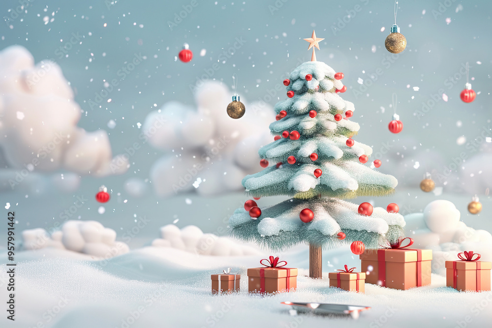 Fototapeta premium Christmas greeting card with bright winter holiday composition and New Year background