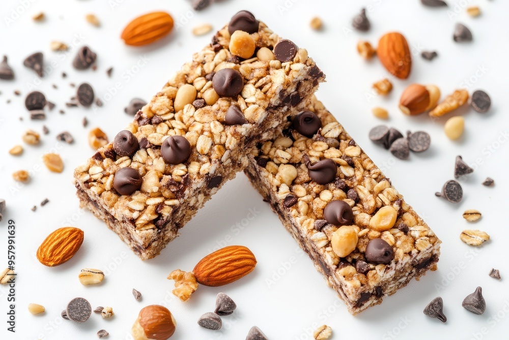 Two granola bars topped with a mix of nuts, seeds, and chocolate chips, Two granola bars topped with a mix of nuts, seeds, and chocolate chips,
