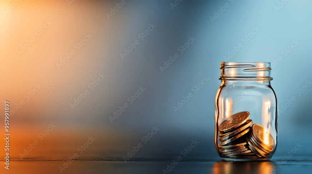 A transparent jar filled with coins, representing savings, investment, and financial growth against a soft, colorful background. A transparent jar filled with coins, representing savings, investment, and financial growth against a soft, colorful background.