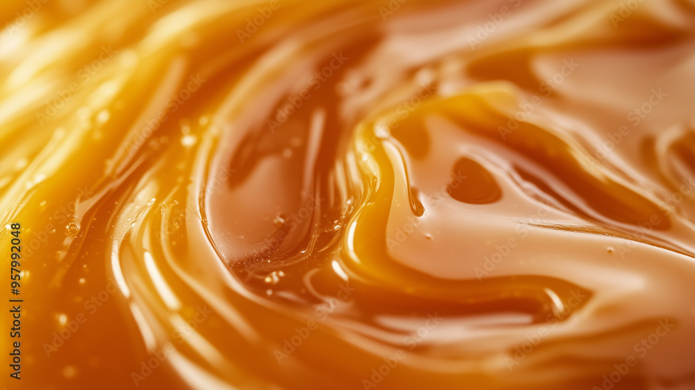 A macro shot of the surface of caramel sauce, with its smooth, glossy finish and rich golden-brown color, highlighting the syrupy texture. A macro shot of the surface of caramel sauce, with its smooth, glossy finish and rich golden-brown color, highlighting the syrupy texture.