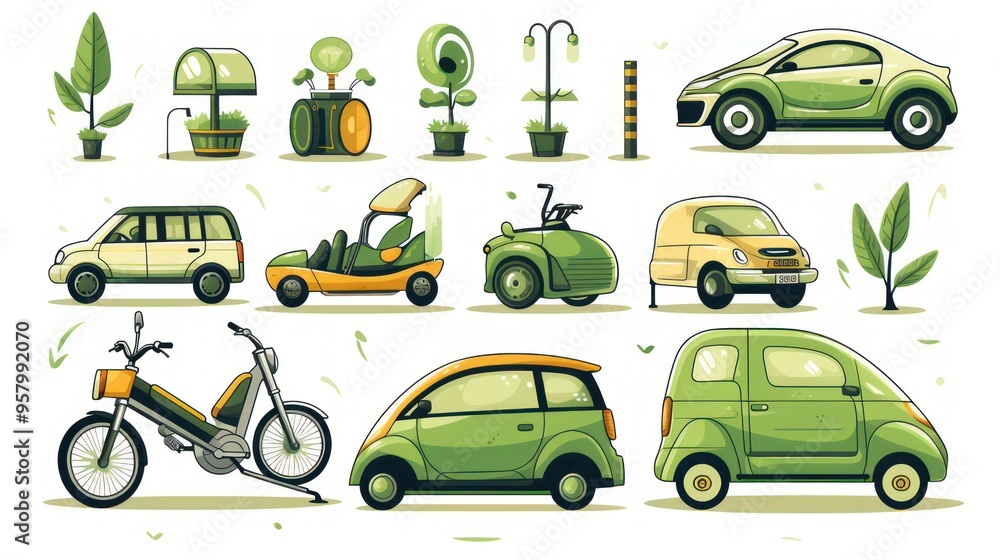 Naklejka premium Cartoon illustration design of several environmentally friendly means of transportation
