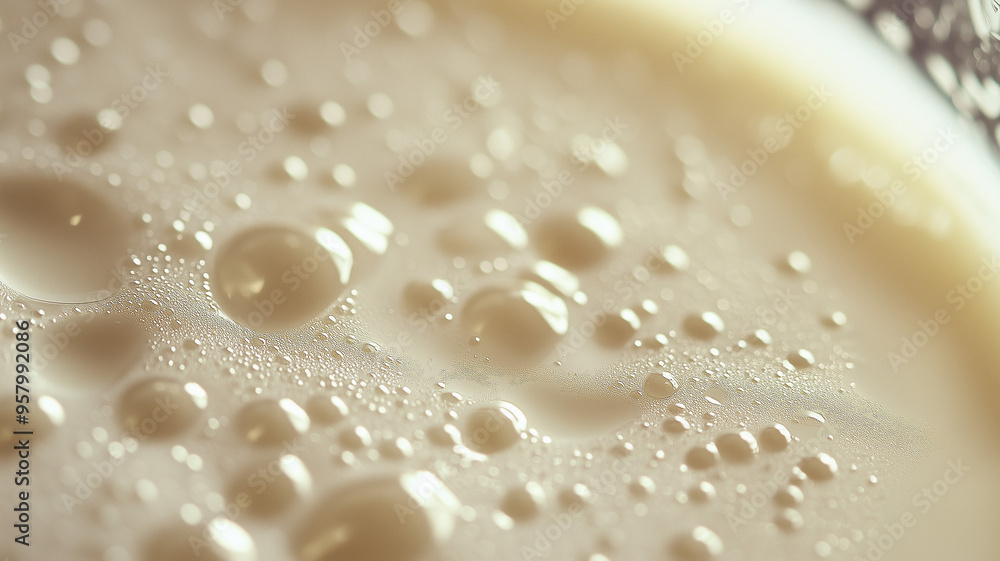 Close-up of the surface of a glass of cold milk, showing tiny droplets of condensation and a smooth, white, creamy texture. Close-up of the surface of a glass of cold milk, showing tiny droplets of condensation and a smooth, white, creamy texture.