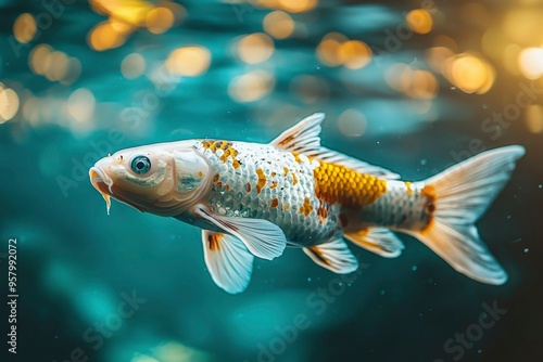 A Koi Fish Swimming Through Green Water with Bokeh Background