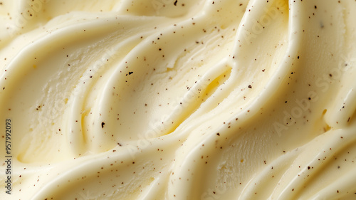 Close-up of creamy vanilla ice cream with visible swirls and tiny specks of vanilla bean, creating a soft and smooth texture.