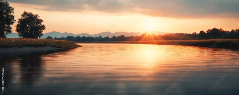 Peaceful river scene at sunset, featuring reflections on water and silhouettes of trees, perfect for nature lovers. Peaceful river scene at sunset, featuring reflections on water and silhouettes of trees, perfect for nature lovers.