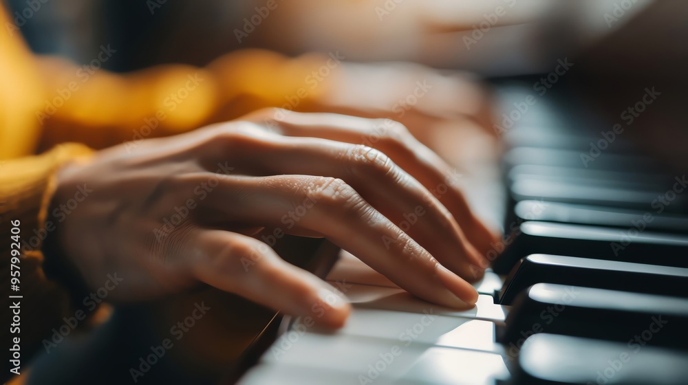 Obraz premium Close-up of a hand playing a piano, showcasing the elegance and artistry of musical expression in a cozy environment.