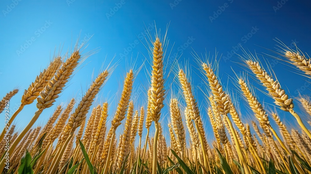 Obraz premium A close-up of genetically engineered crops in a field, thriving under a clear blue sky, symbolizing sustainable agriculture