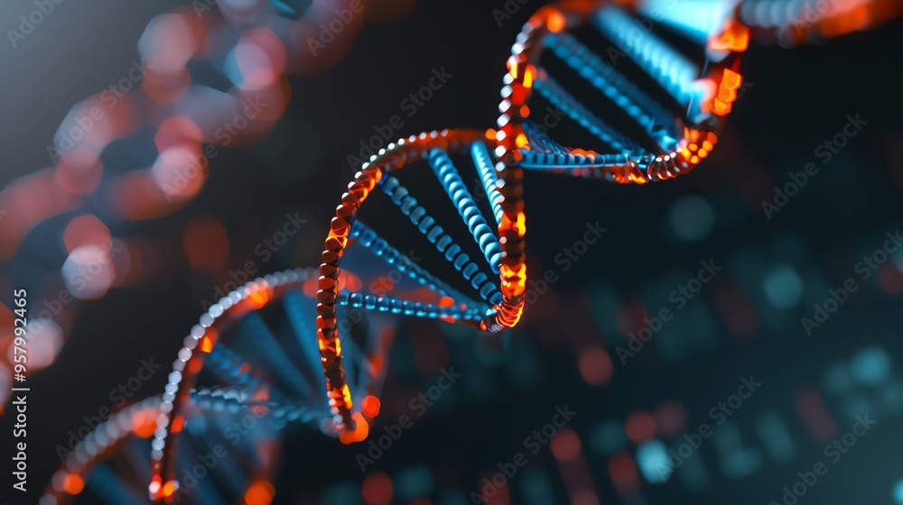 Close-up of a vibrant DNA double helix structure, showcasing its intricate design and colors. Perfect for science and biology themes. Close-up of a vibrant DNA double helix structure, showcasing its intricate design and colors. Perfect for science and biology themes.
