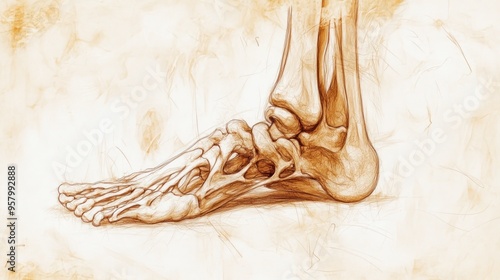 A detailed anatomical illustration of the human foot and ankle bones, rendered in sepia tones with a textured background. photo