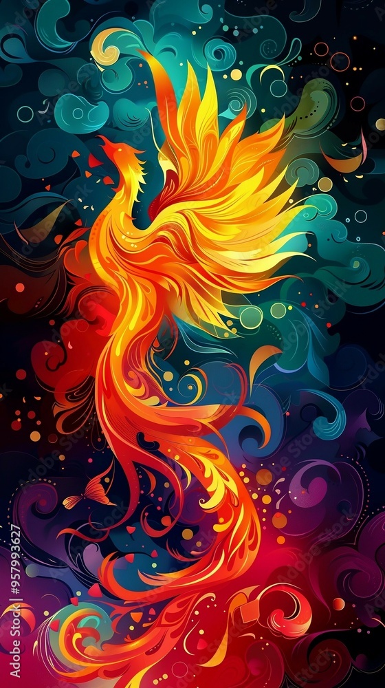 Fototapeta premium An illustrated phoenix soaring through fiery clouds.