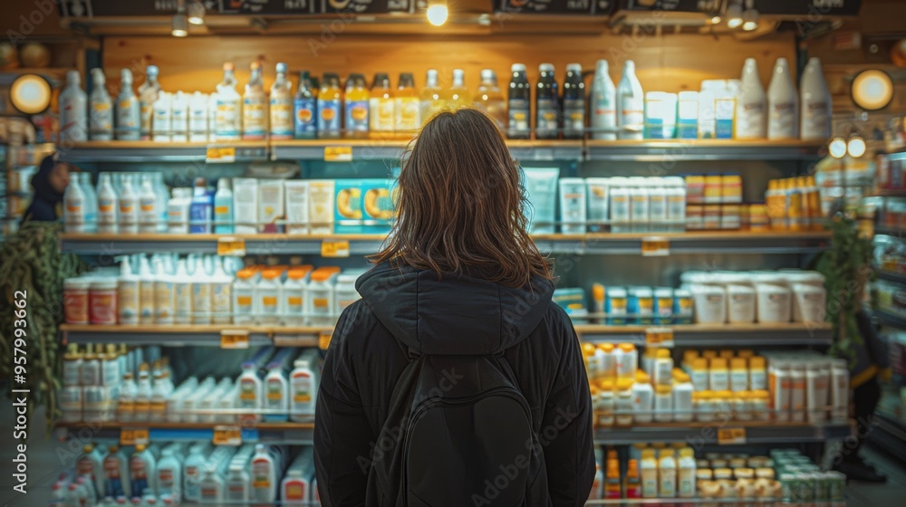 A person stands in a grocery store aisle contemplating different bottles of cleaning products in the evening light A person stands in a grocery store aisle contemplating different bottles of cleaning products in the evening light