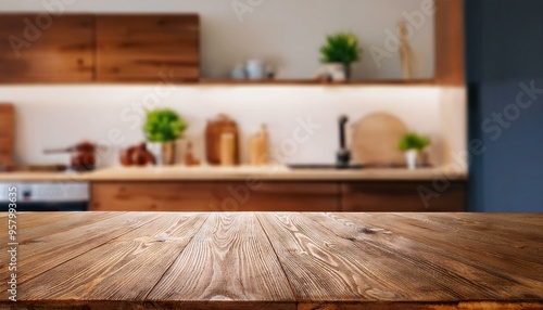 Encimera de madera moderna con una cocina de fondo 