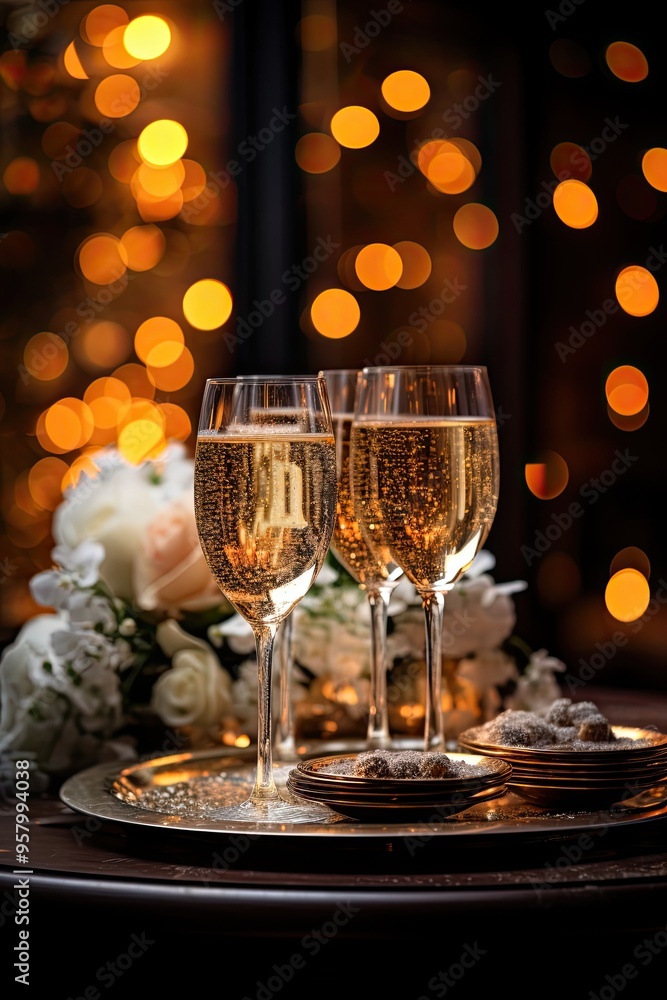 An elegant New Year's celebration with fireworks, champagne, and a festive atmosphere An elegant New Year's celebration with fireworks, champagne, and a festive atmosphere