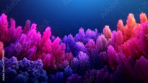 Vibrant coral reef with shades of pink and purple, showcasing the beauty of underwater life in a serene ocean environment.