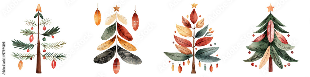 Obraz premium A collection of beautifully illustrated Christmas trees in various colors and styles, perfect for festive designs.